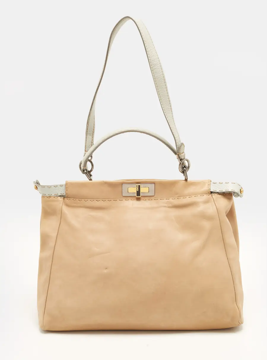 Fendi Peekaboo Selleria Large Beige/Light Blue Leather Top Handle Bag