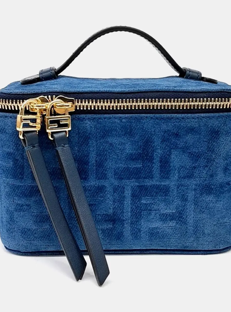 Fendi Black Blue Velvet Vanity Tote and Crossbody Bag (8BS108)