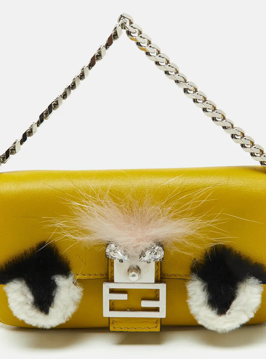 Fendi Yellow Leather and Fur Micro Monster Baguette Bag