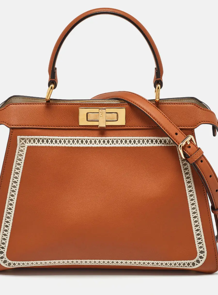 Fendi Brown Leather Embroidered Medium Peekaboo Iseeu Top Handle Bag