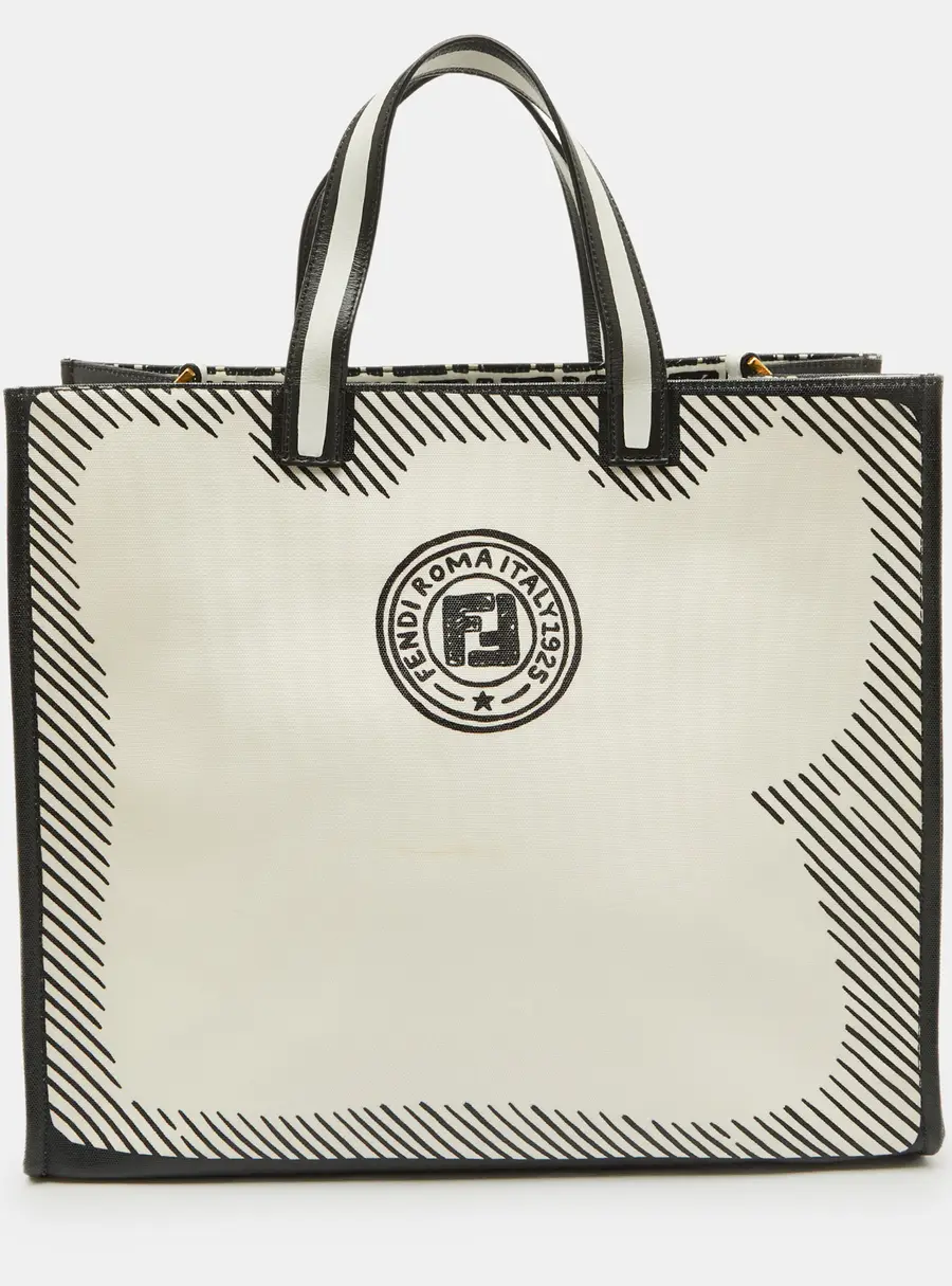 Fendi x Joshua Vides White/Black Coated Canvas Stamp Patch Shopping Tote