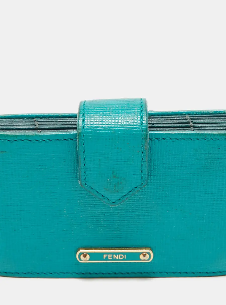 Fendi Teal Blue Saffiano Leather Gusset Card Holder