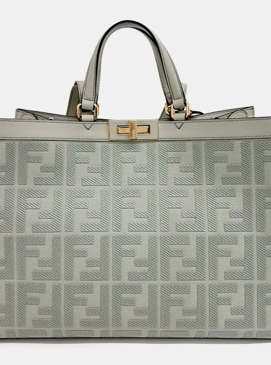Fendi Peekaboo X-Lite Medium Green Embossed Fabric Satchel Bag
