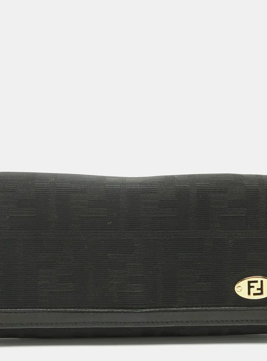 Fendi Black Zucca Fabric and Leather Logo Trifold Continental Wallet