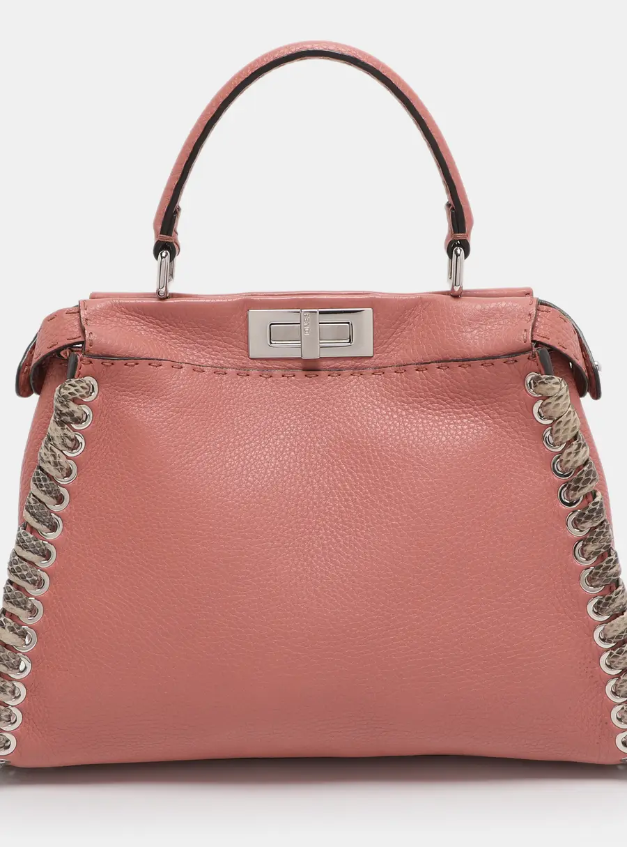 Fendi Whipstitch Peekaboo Regular Old Rose Leather Top Handle Bag