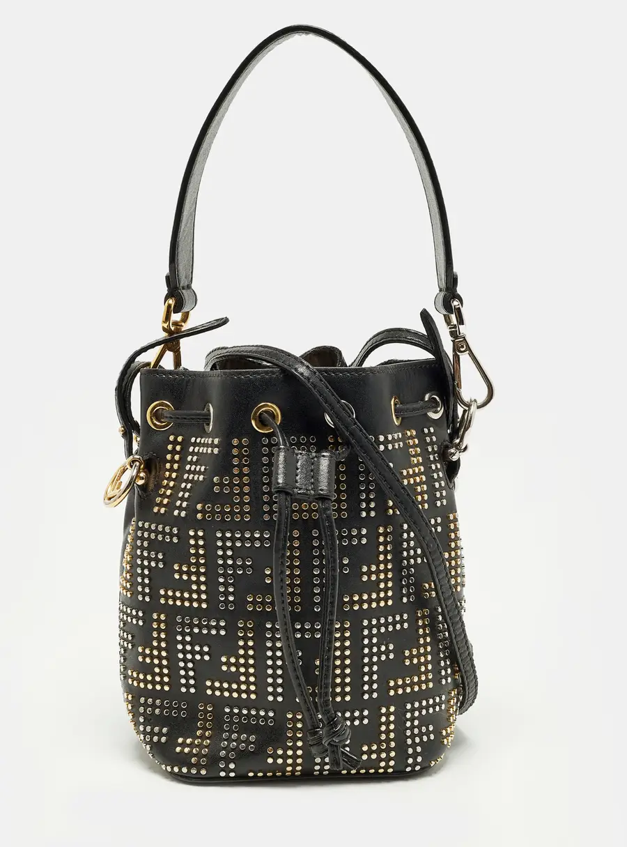 Fendi FF Studded Mon Tresor Mini Black Leather Bucket Bag