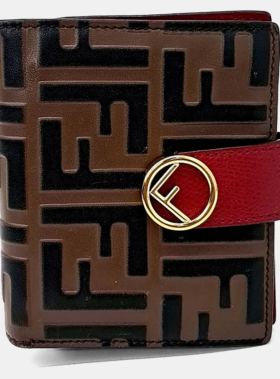 Fendi FF Monogram Motif Bifold Brown Coated Canvas Leather Wallet Bag