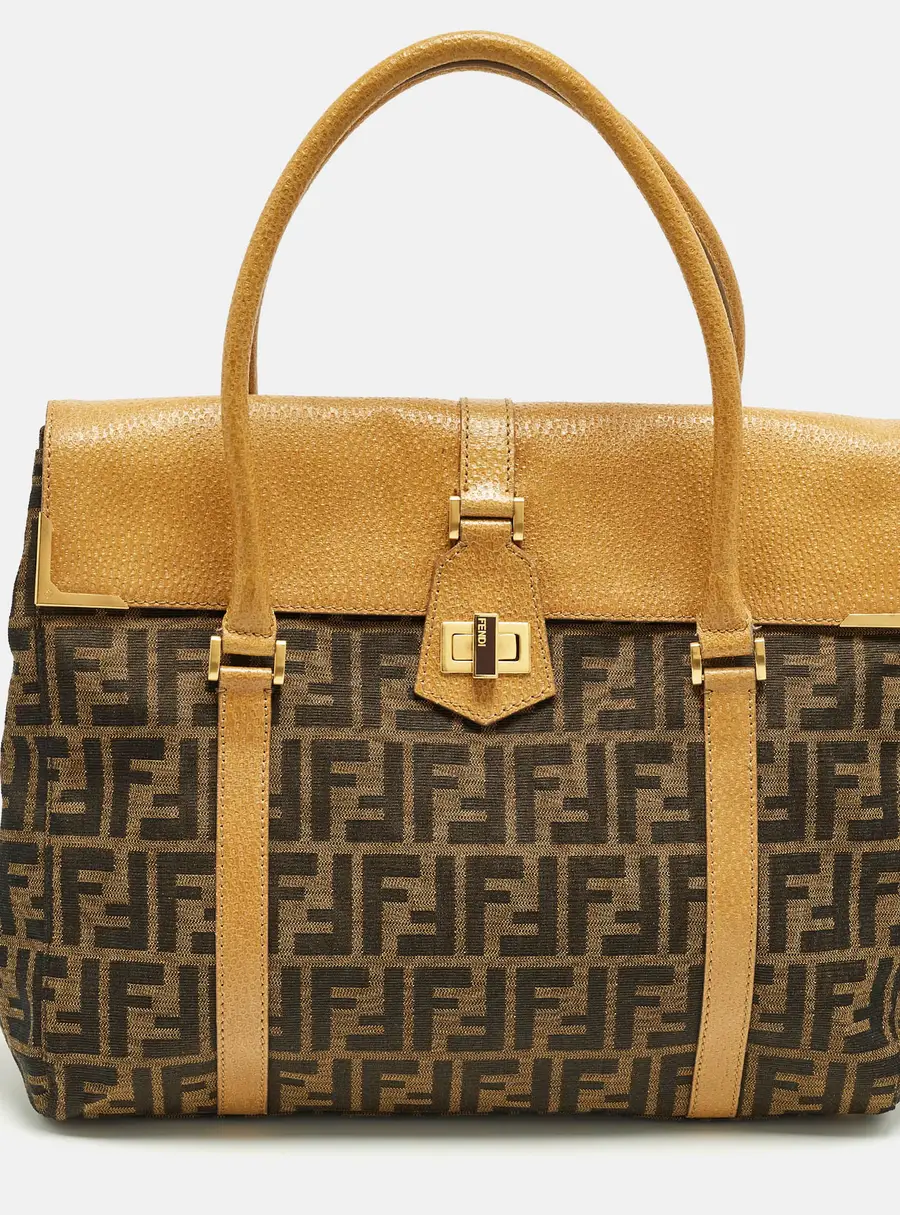 Fendi Linda Large Tobacco/Tan Zucca Canvas and Textured Leather Satchel
