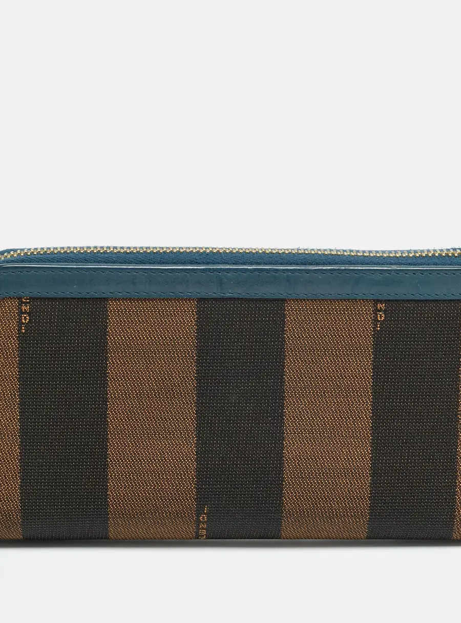 Fendi Blue/Tobacco Pequin Canvas Zip Around Wallet