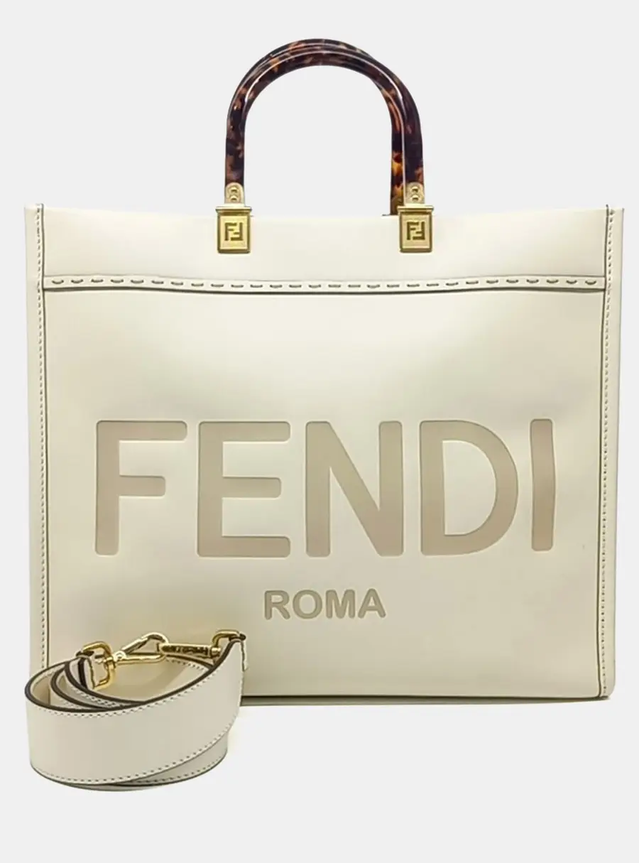 Fendi White Leather Sunshine Tote and Shoulder Bag