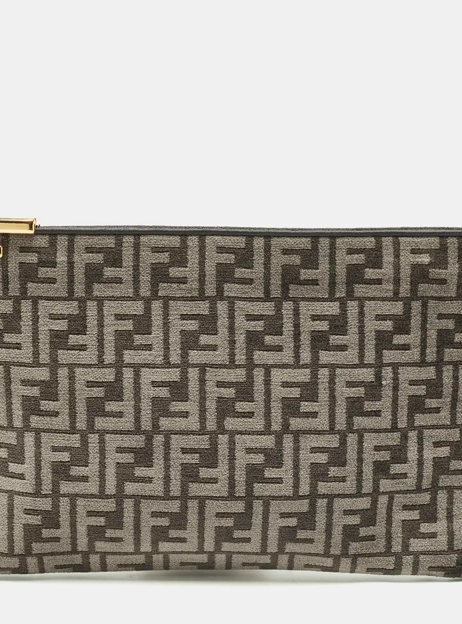 Fendi Logo Zip Grey/Black Zucca Velvet Flat Wristlet Clutch