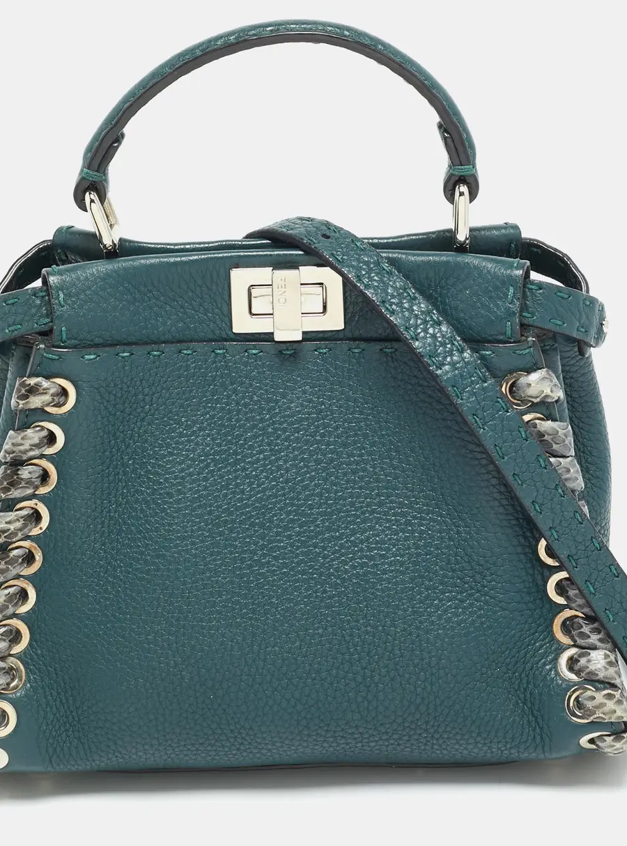 Fendi Whipstitch Peekaboo Small Dark Green Leather and Snakeskin Top Handle Bag