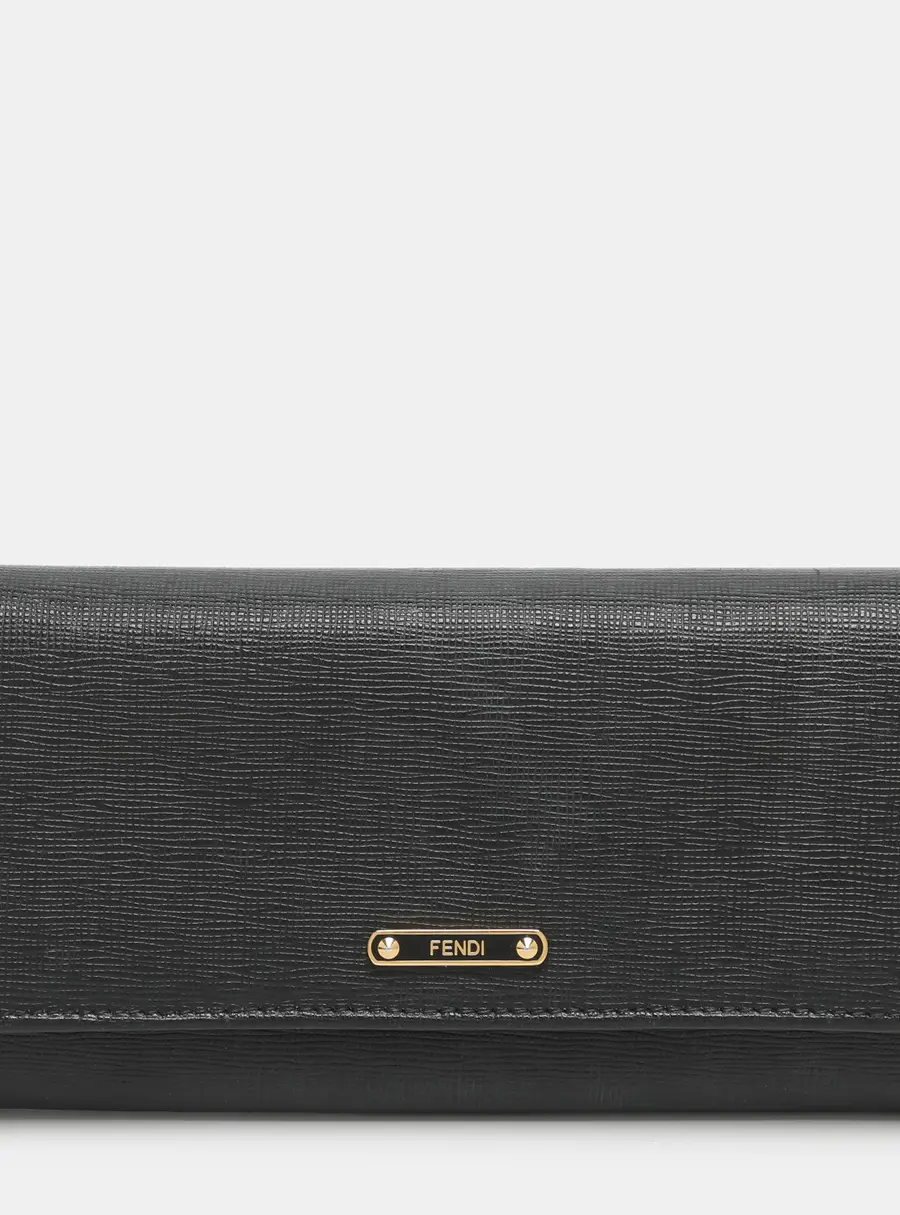 Fendi Black Leather Flap Continental Wallet