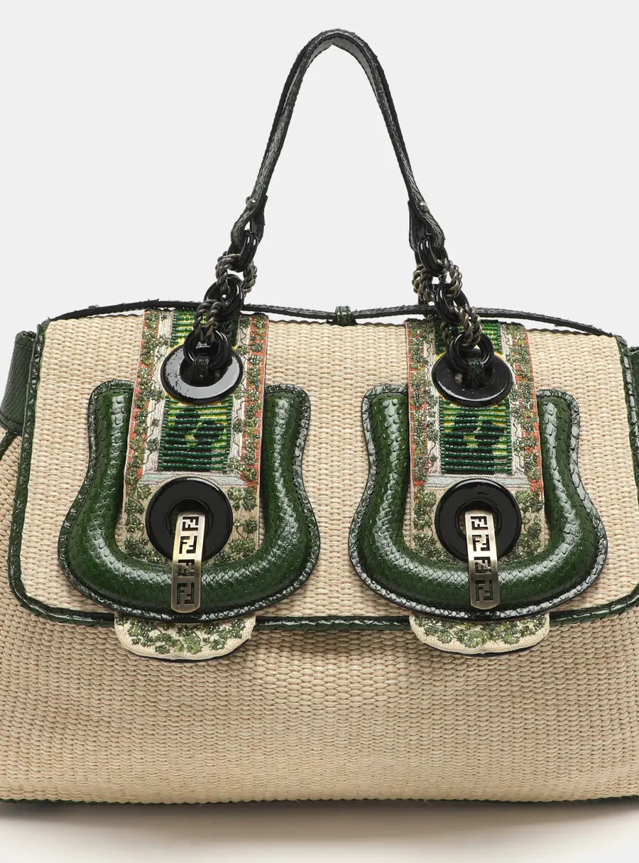 Fendi B Buckle Large Beige Raffia and Python Top Handle Bag