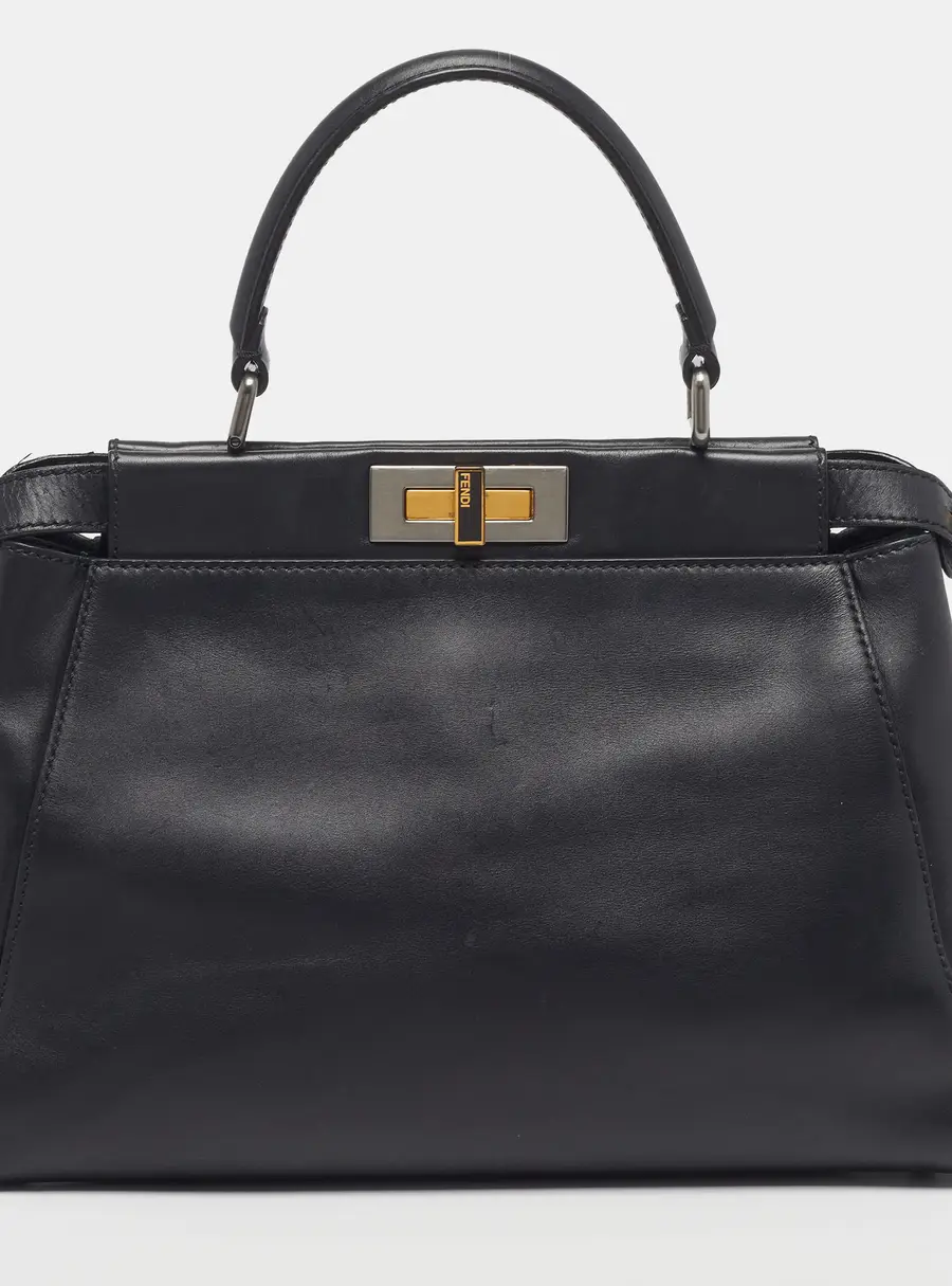 Fendi Peekaboo Regular Black Leather Top Handle Bag w/Peekaboo Defender Cover