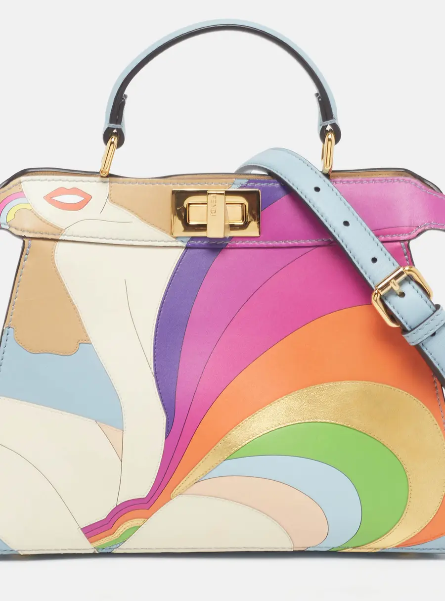 Fendi Peekaboo Iseeu Girl Inlay Small Light Blue/Multicolor Leather Top Handle Bag