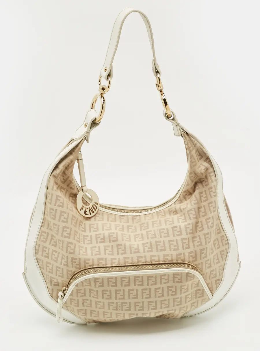 Fendi Pocket Chef Beige/White Zucchino Fabric and Leather Hobo