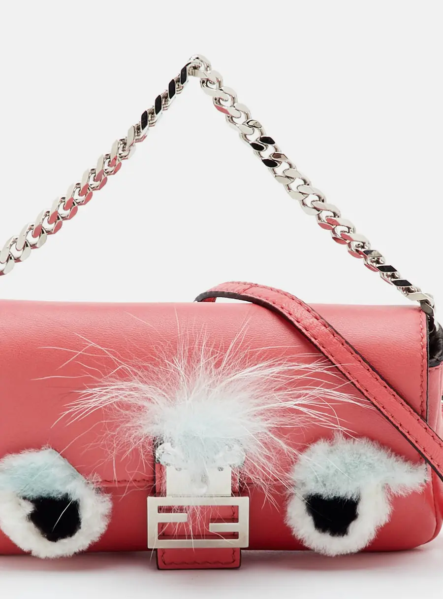 Fendi Buggie Micro Peach Orange Leather and Fur Baguette Crossbody Bag