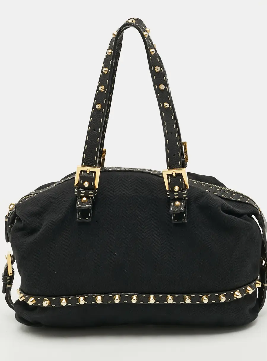 Fendi Studded Selleria Leather and Canvas Bag