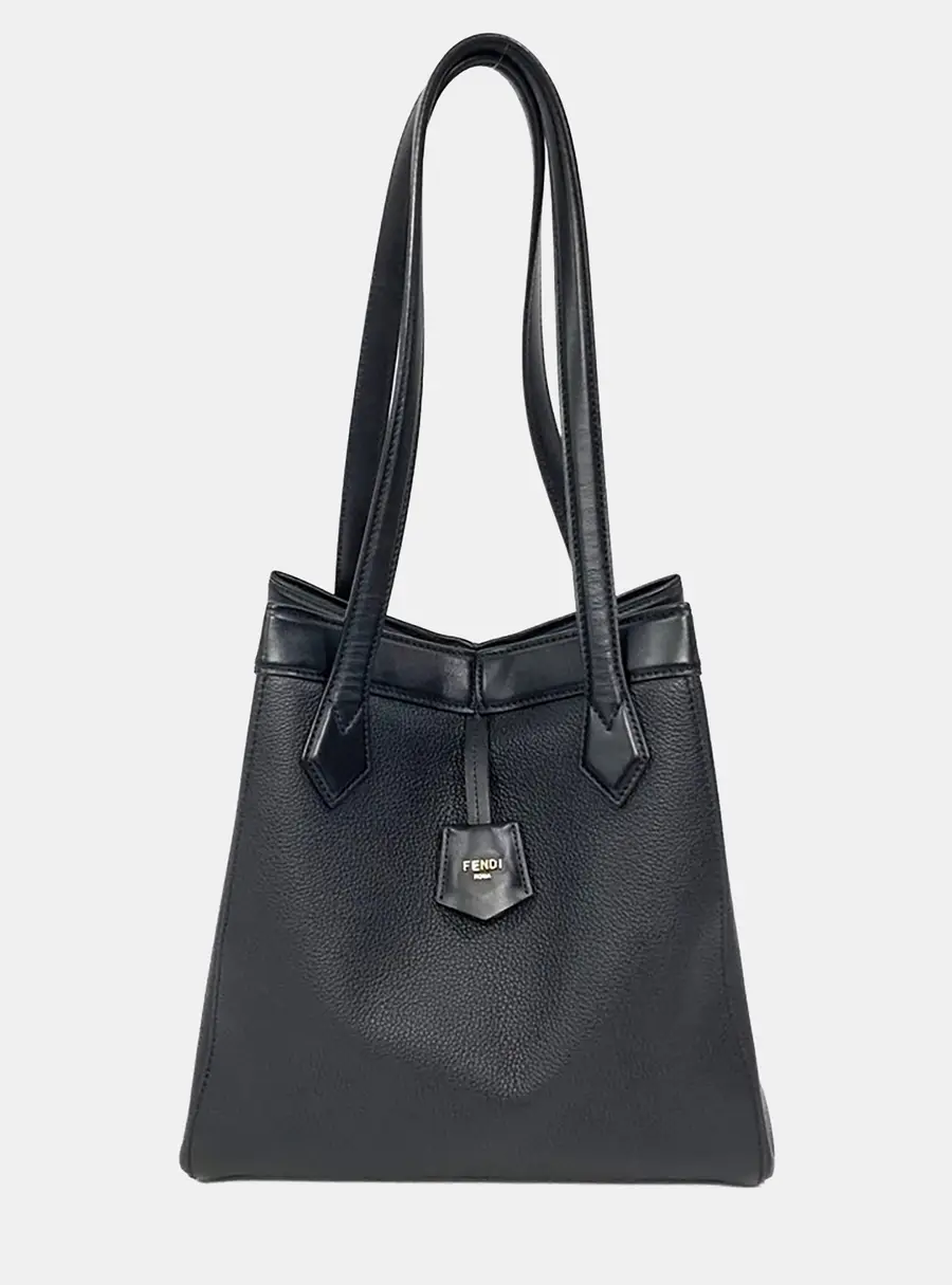 Fendi Origami Medium Black Grained Leather Top Handle Bag