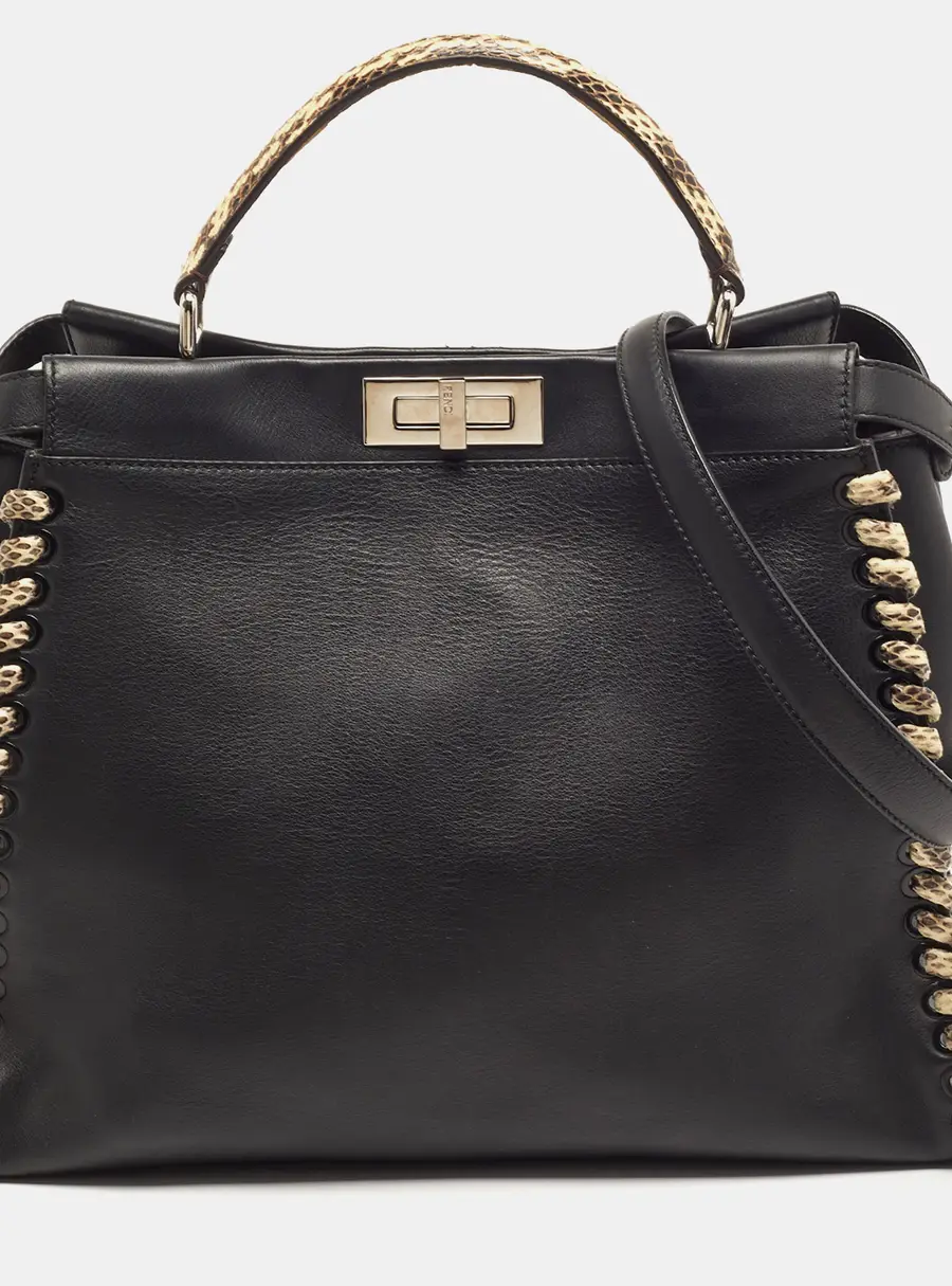 Fendi Whipstitch Peekaboo Large Leather and Python Trim Top Handle Bag