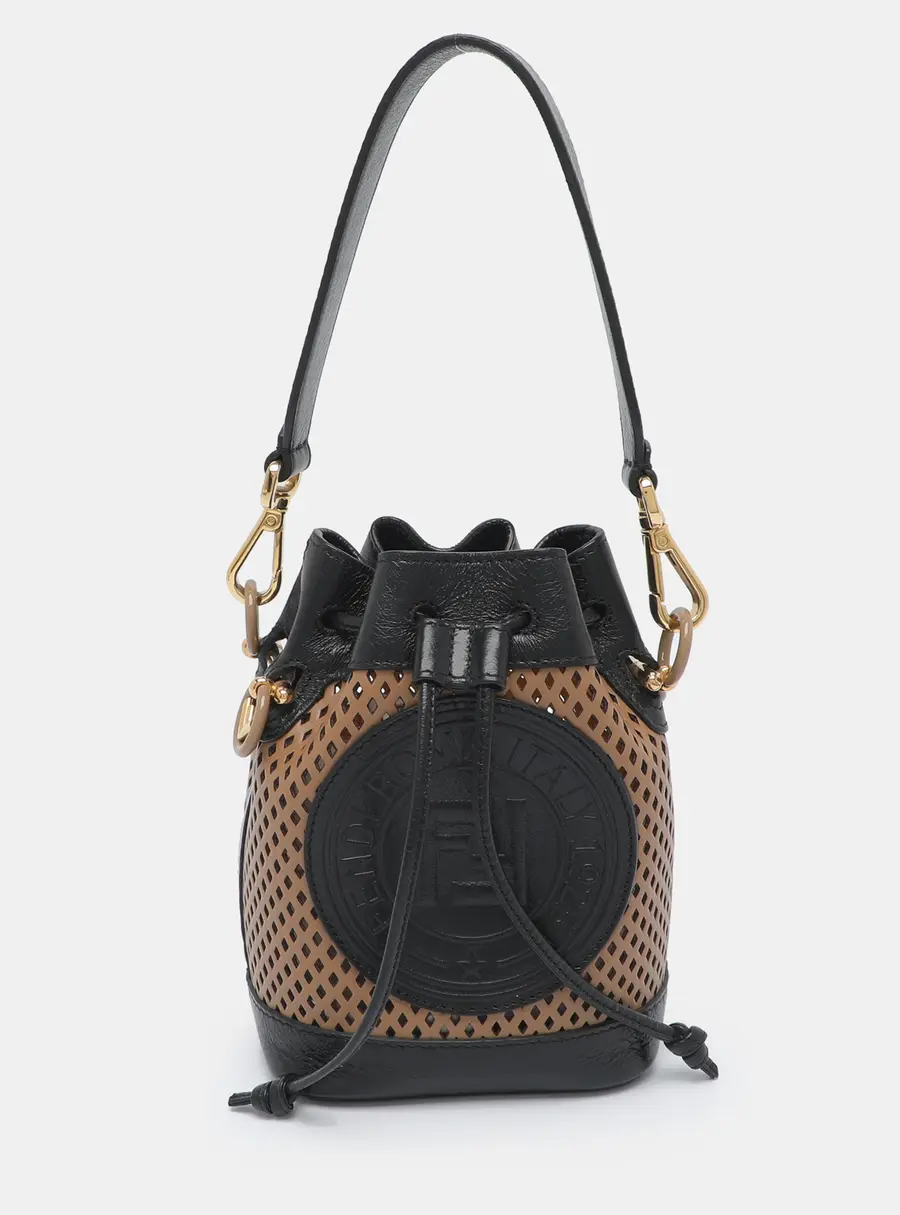 Fendi Mon Tresor Mini Black/Beige Perforated Leather Bucket Bag