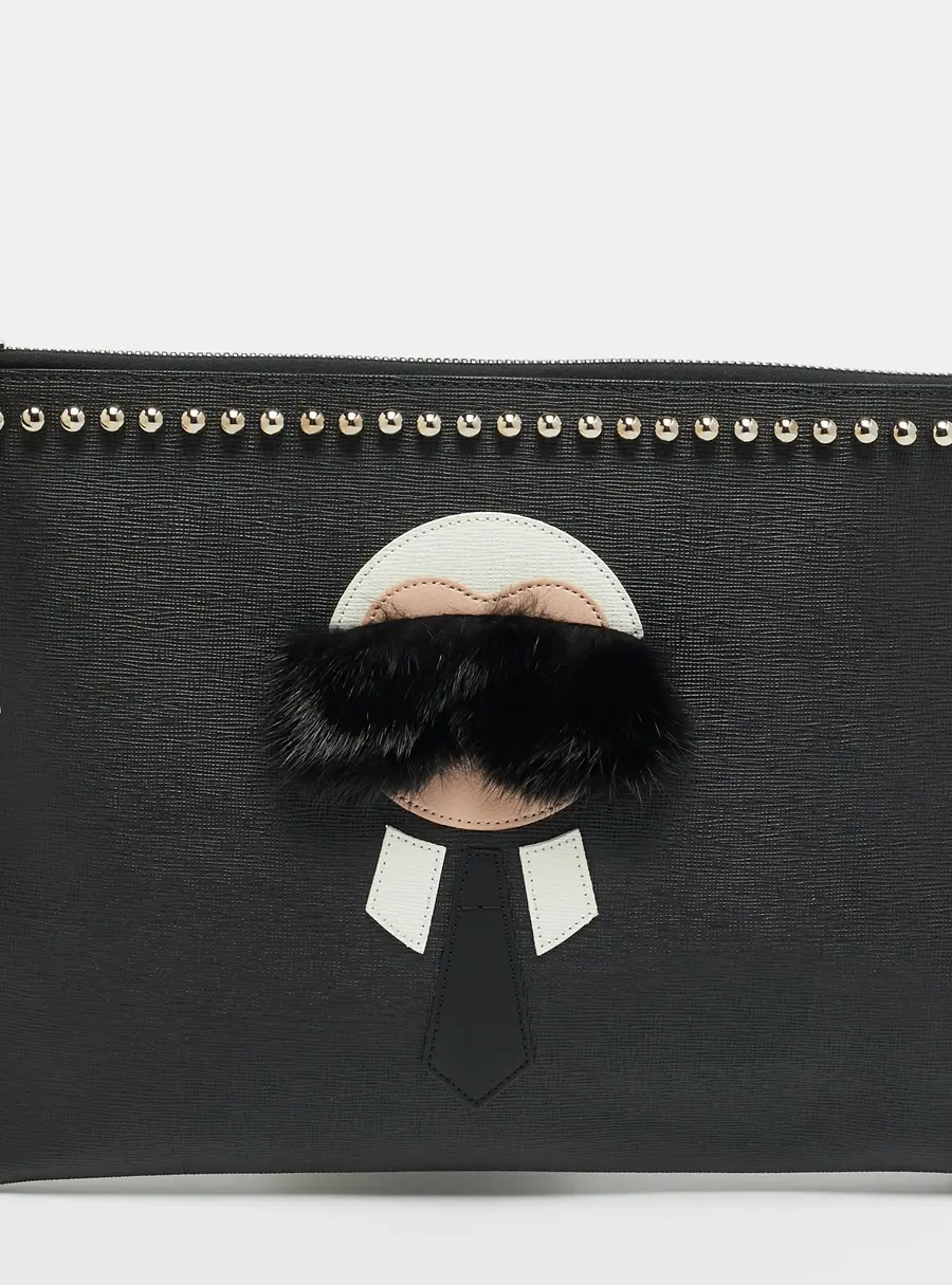 Fendi Karlito Black Leather Flat Clutch