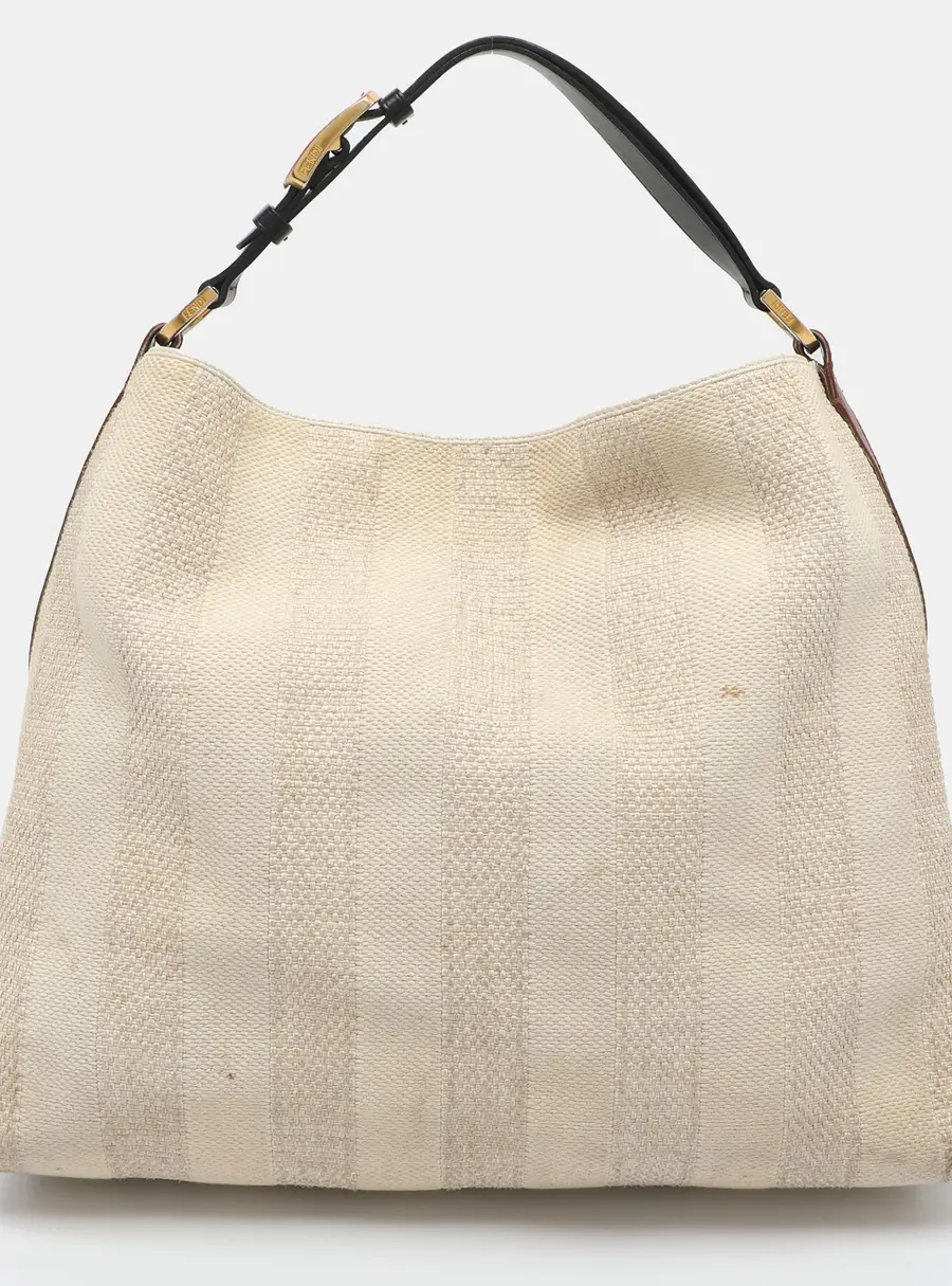 Fendi Large Pequin Striped White/Brown Canvas and Leather Hobo