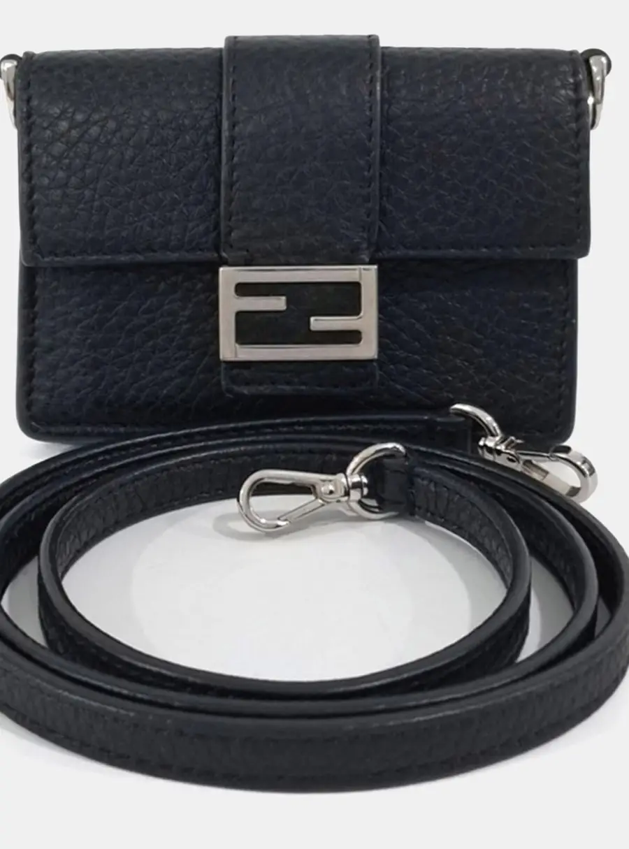 Fendi Black Leather Baguette Flap Micro Card Holder and Crossbody Bag