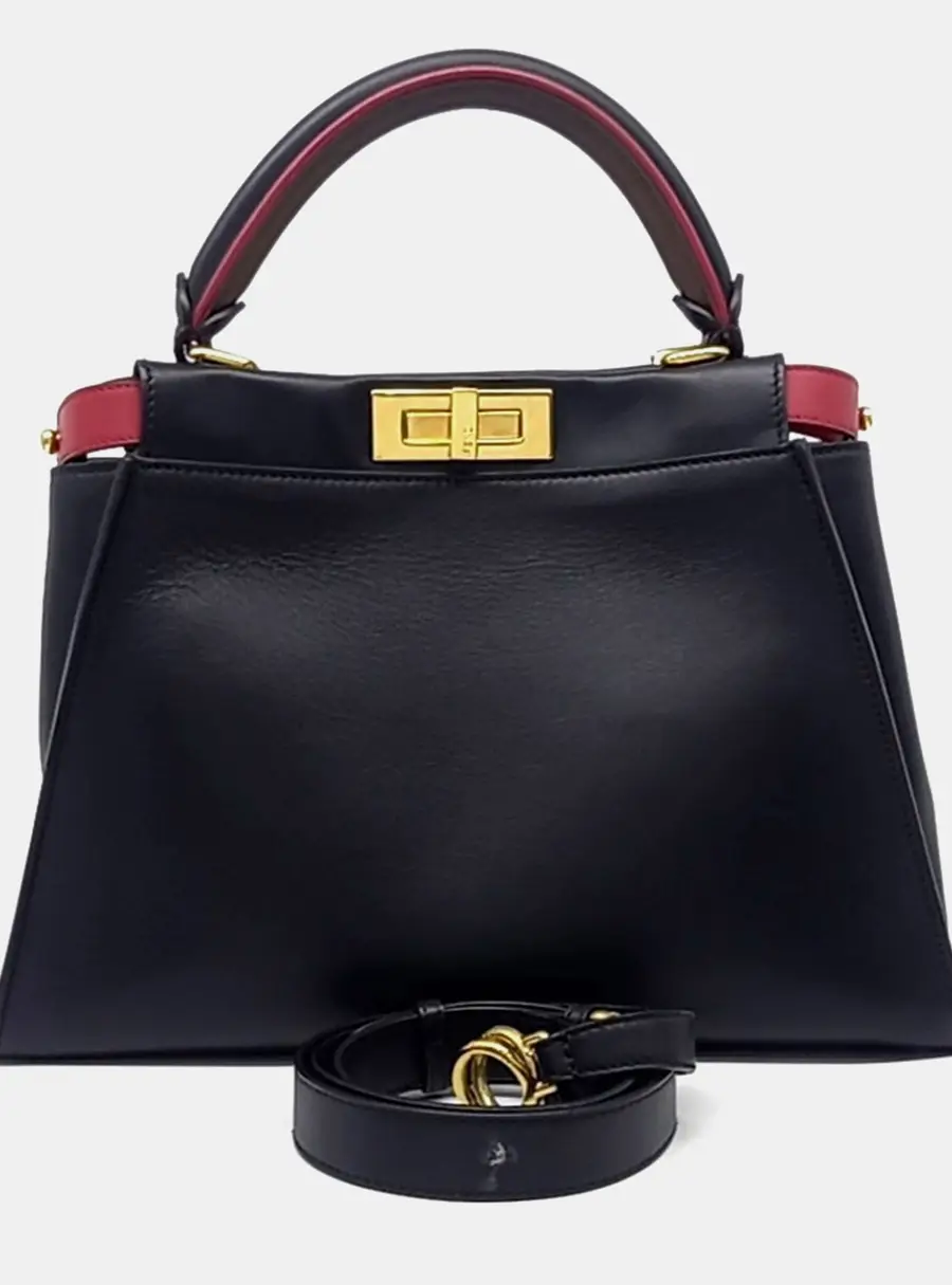 Fendi Peekaboo Regular Black Calfskin Leather Top Handle Bag