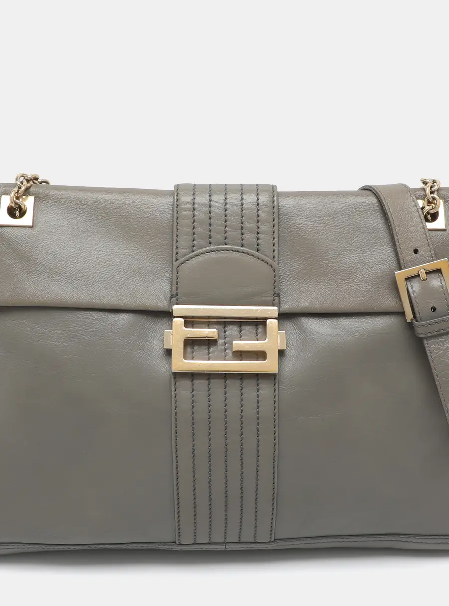 Fendi Baguette Maxi Grey Leather Shoulder Bag