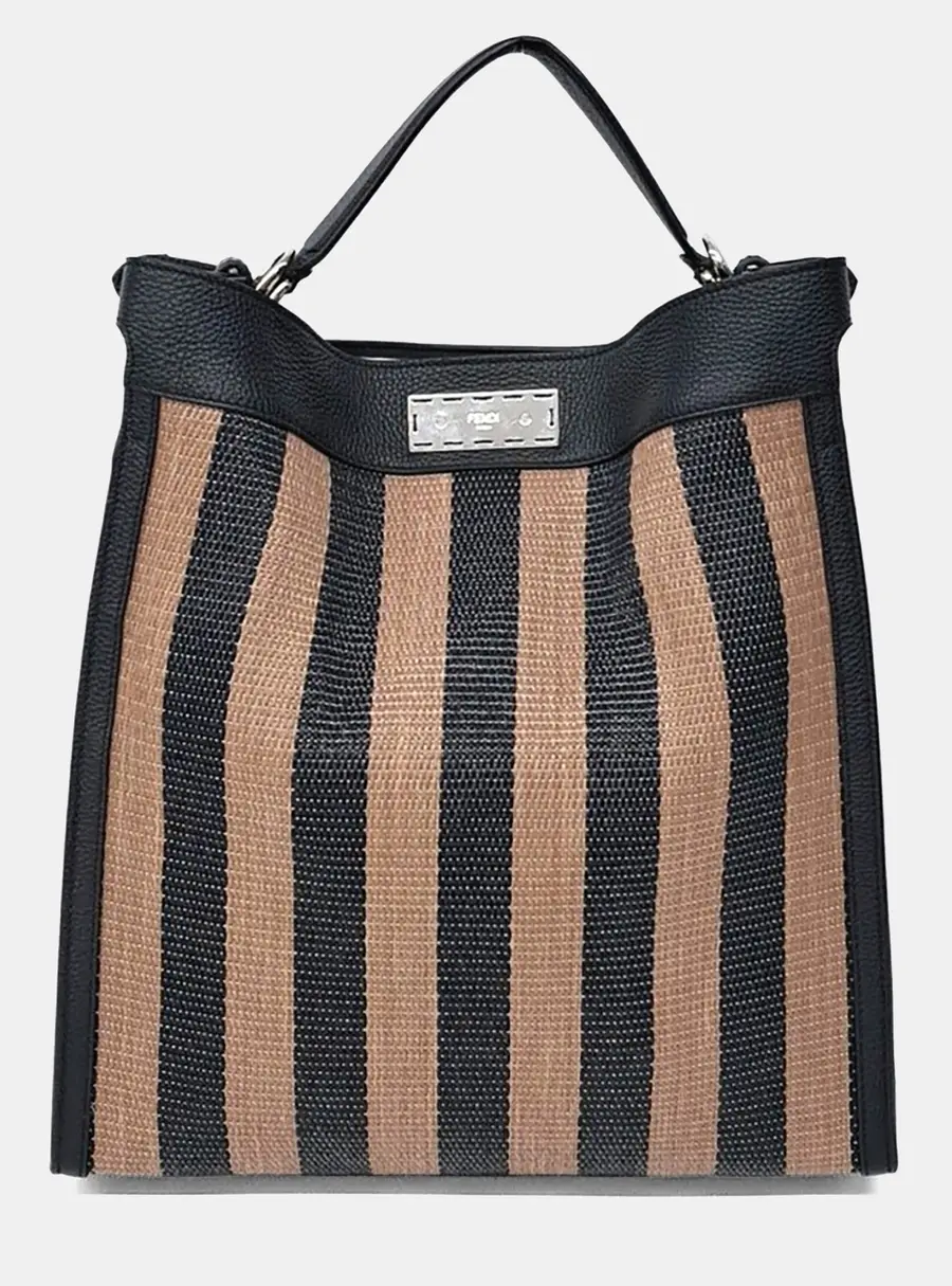 Fendi Peekaboo X-Lite Fit Beige Black Raffia Leather Top Handle Bag