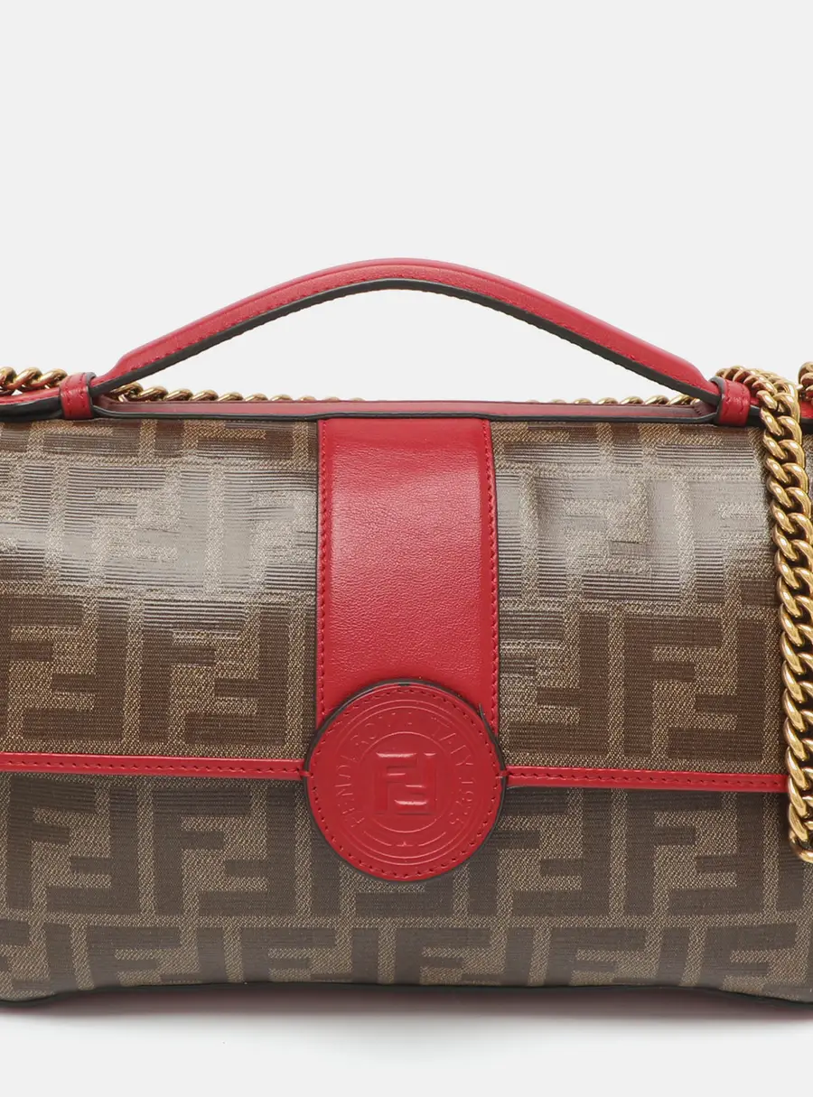 Fendi Double F Red/Tobacco Zucca Coated Canvas and Leather Top Handle Bag