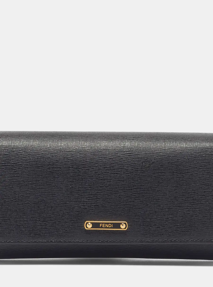 Fendi Logo Flap Black Leather Continental Wallet