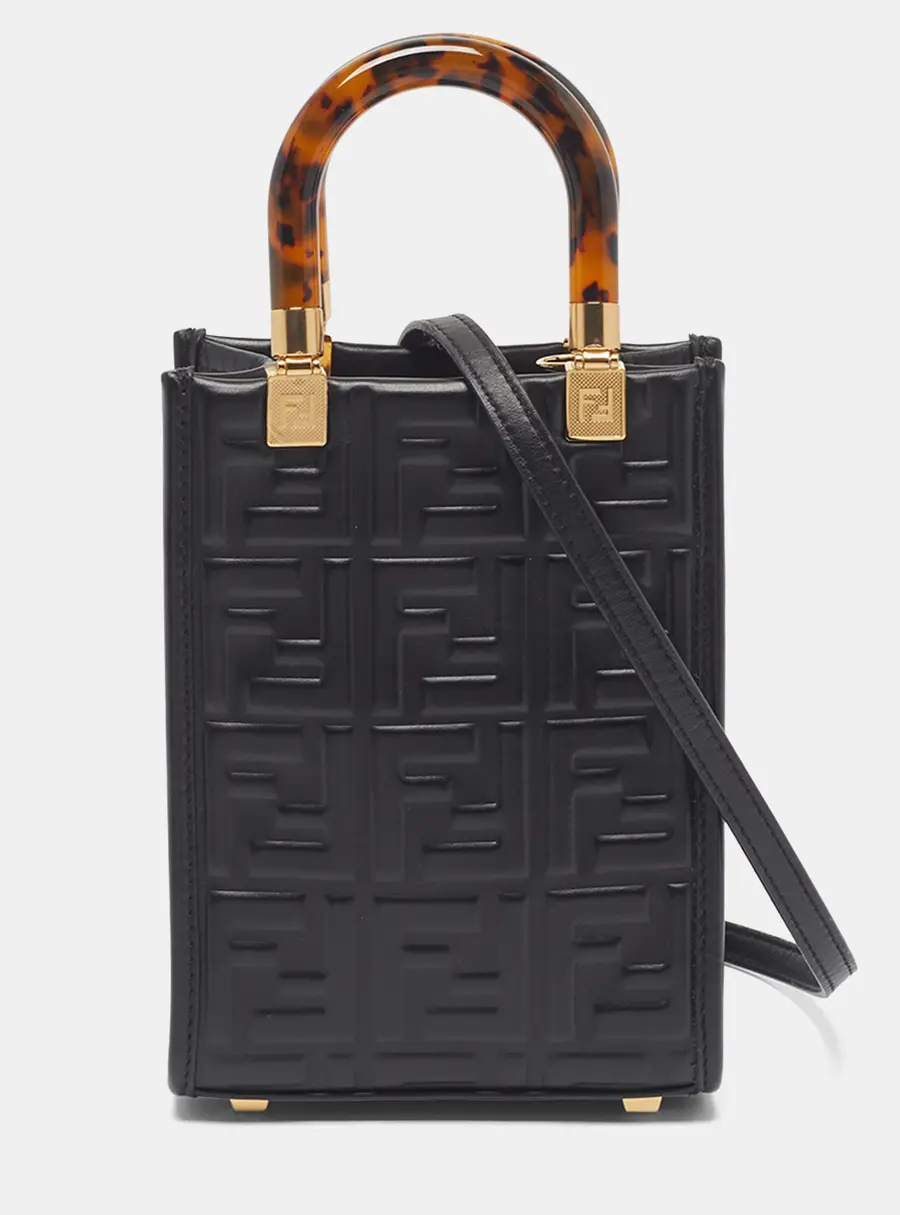 Fendi Sunshine Mini Black Zucca Embossed Leather Tote