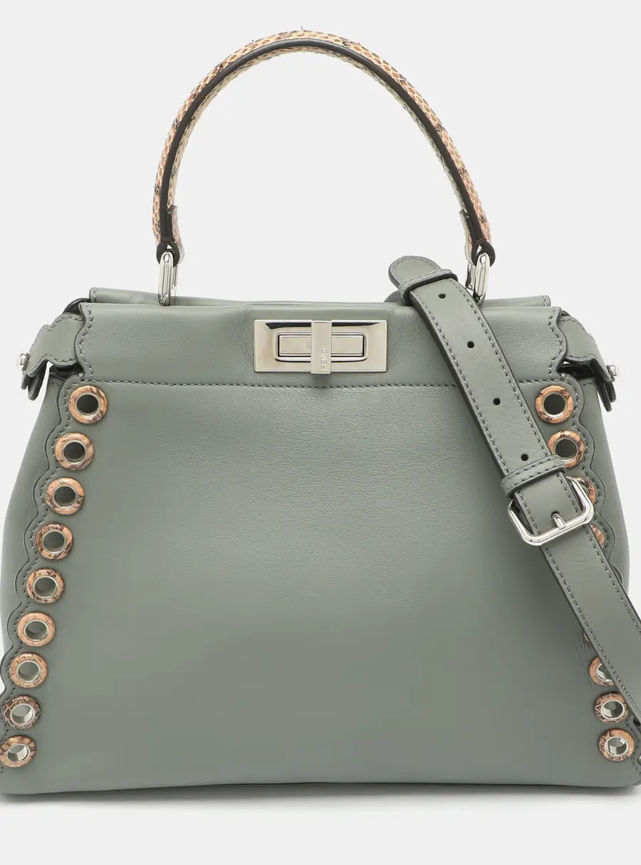 Fendi Grommet Peekabo Regular Grey Leather and Watersnake Top Handle Bag