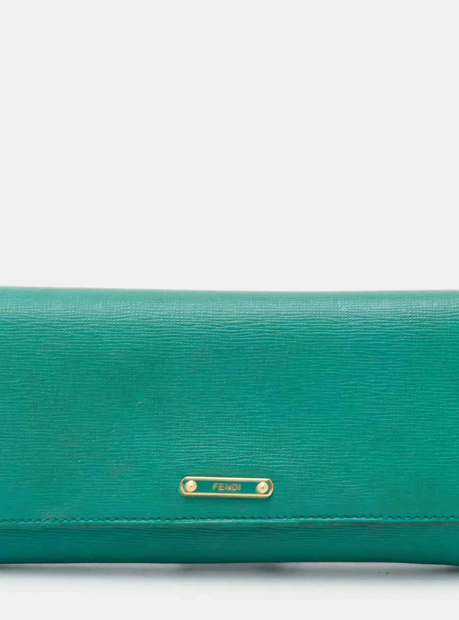 Fendi Logo Flap Green Leather Continental Wallet