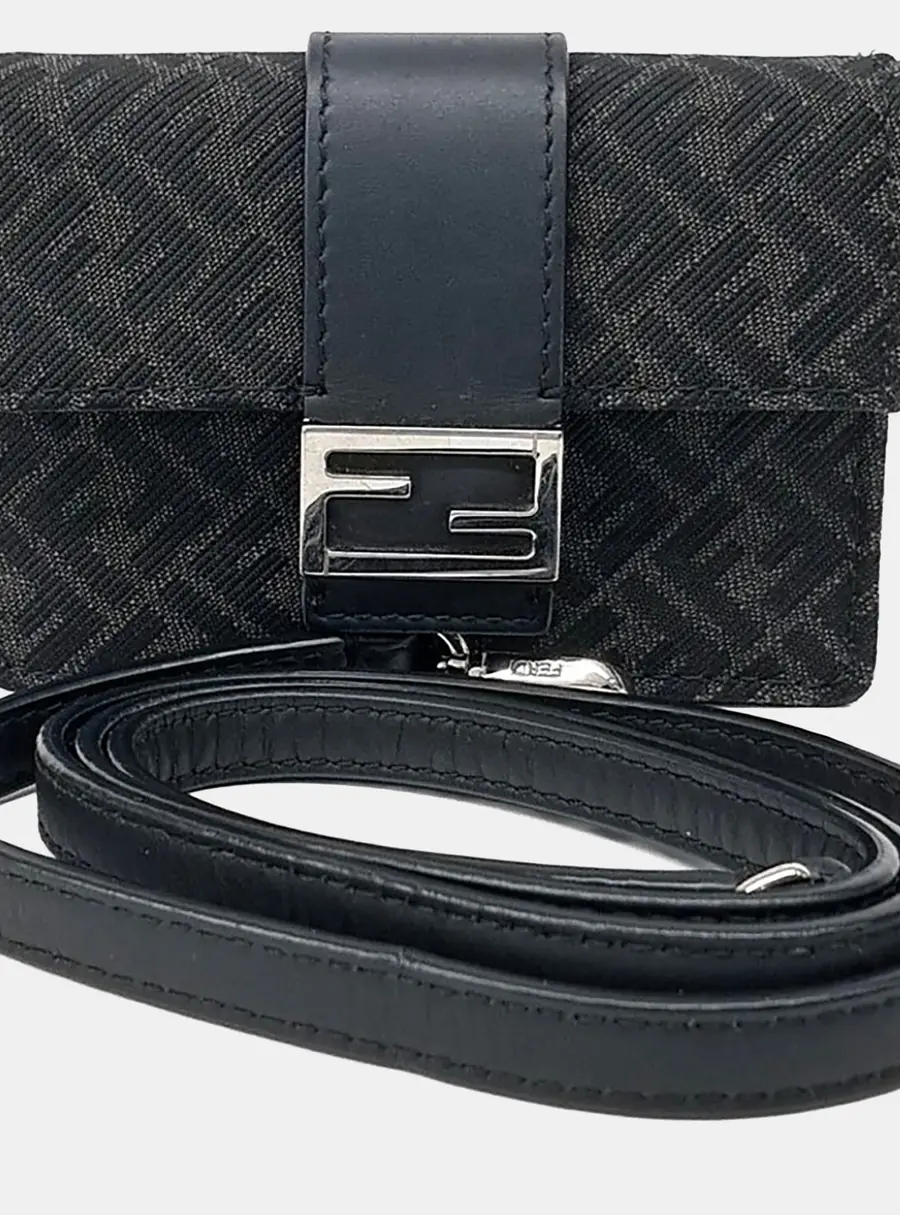 Fendi Black Canvas and Leather Flat Baguette Micro Card Holder and Crossbody Bag (7M0311)