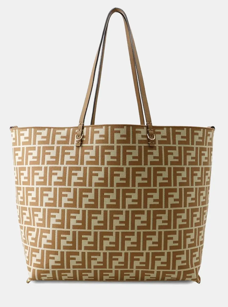 Fendi Pecan Roll Large Brown Beige Canvas Leather Tote Bag