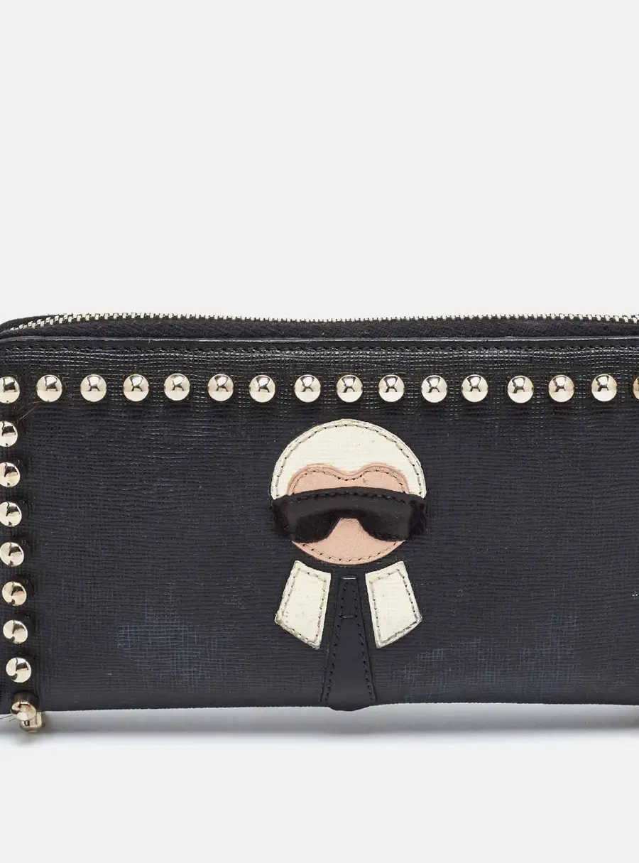 Fendi  Studded Karlito Black Leather Continental Wallet