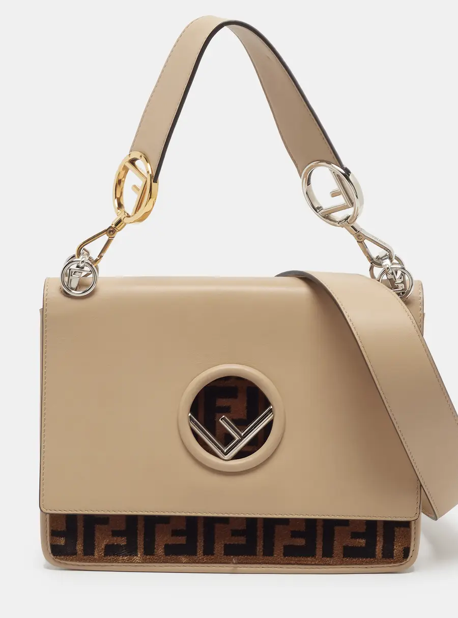 Fendi Kan I F Logo Beige/Brown FF Leather and Velvet Shoulder Bag