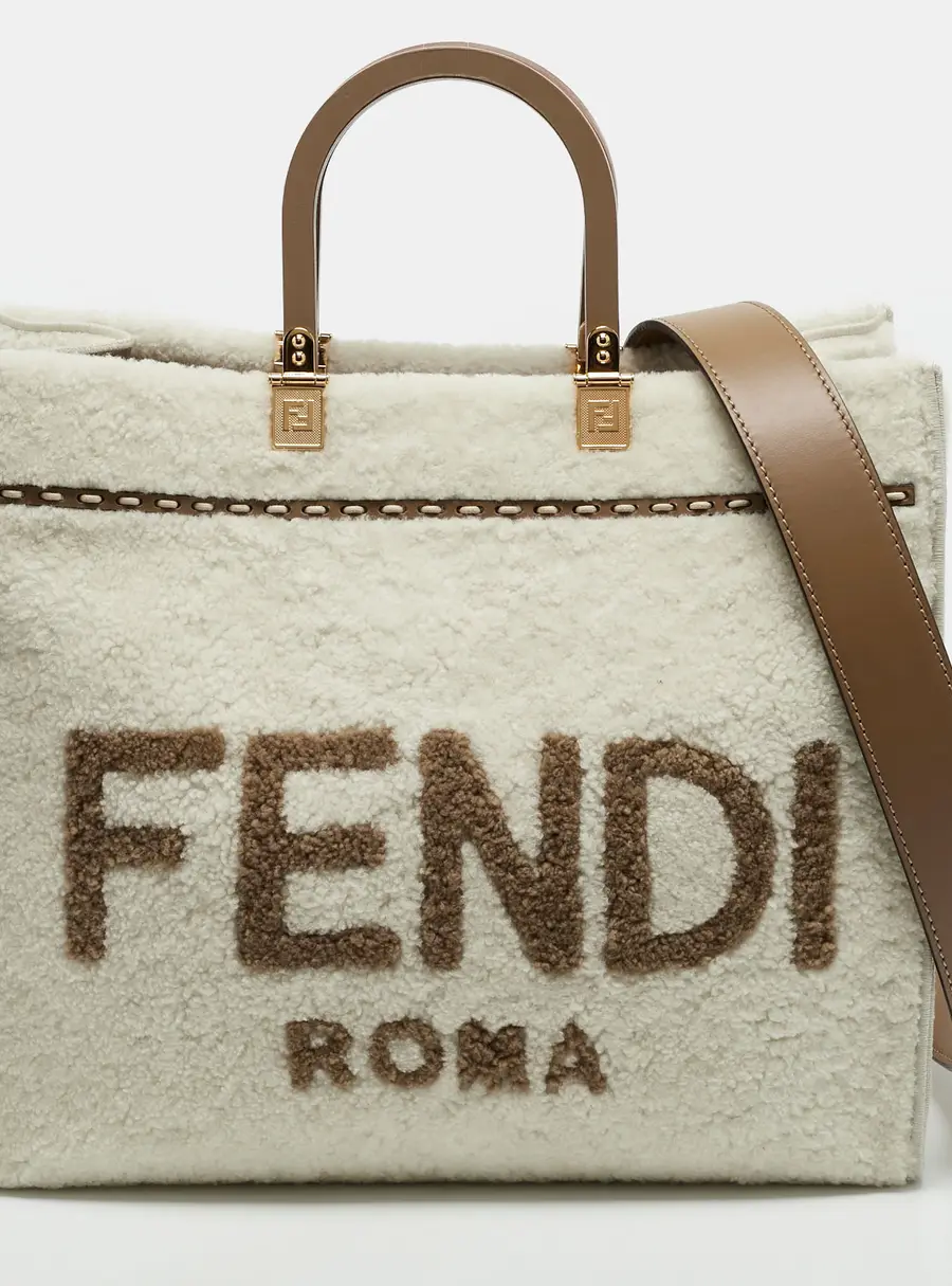 Fendi Sunshine Medium Off White/Brown Leather and Shearling Fur Tote