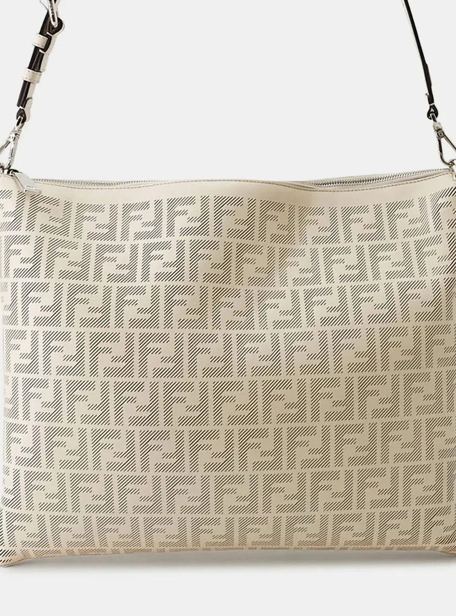 Fendi FF Logo Medium Beige Calfskin Leather Shoulder Bag