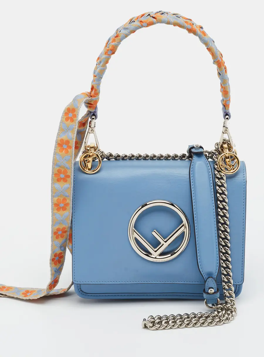 Fendi Kan I F Silk Wrap Handle Small Light Blue Leather Shoulder Bag