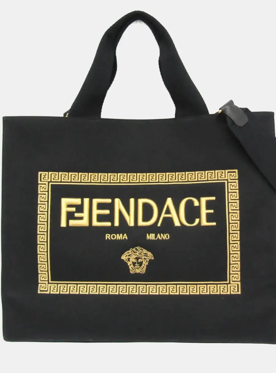 Fendi Fendace Large Black Gold Canvas Convertible Shopping Tote Bag