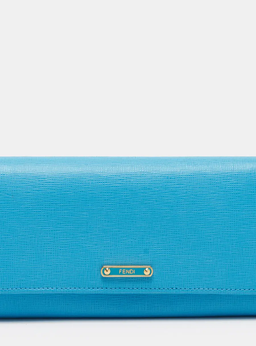 Fendi Elite Blue Saffiano Leather Classic Flap Continental Wallet