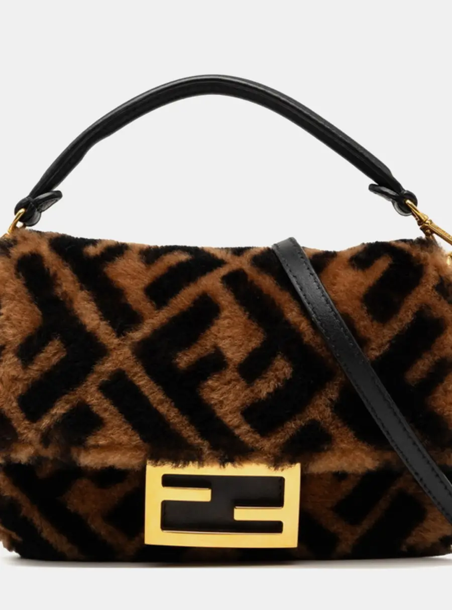 Fendi Zucca Baguette Mini Brown Shearling Leather Shoulder Bag