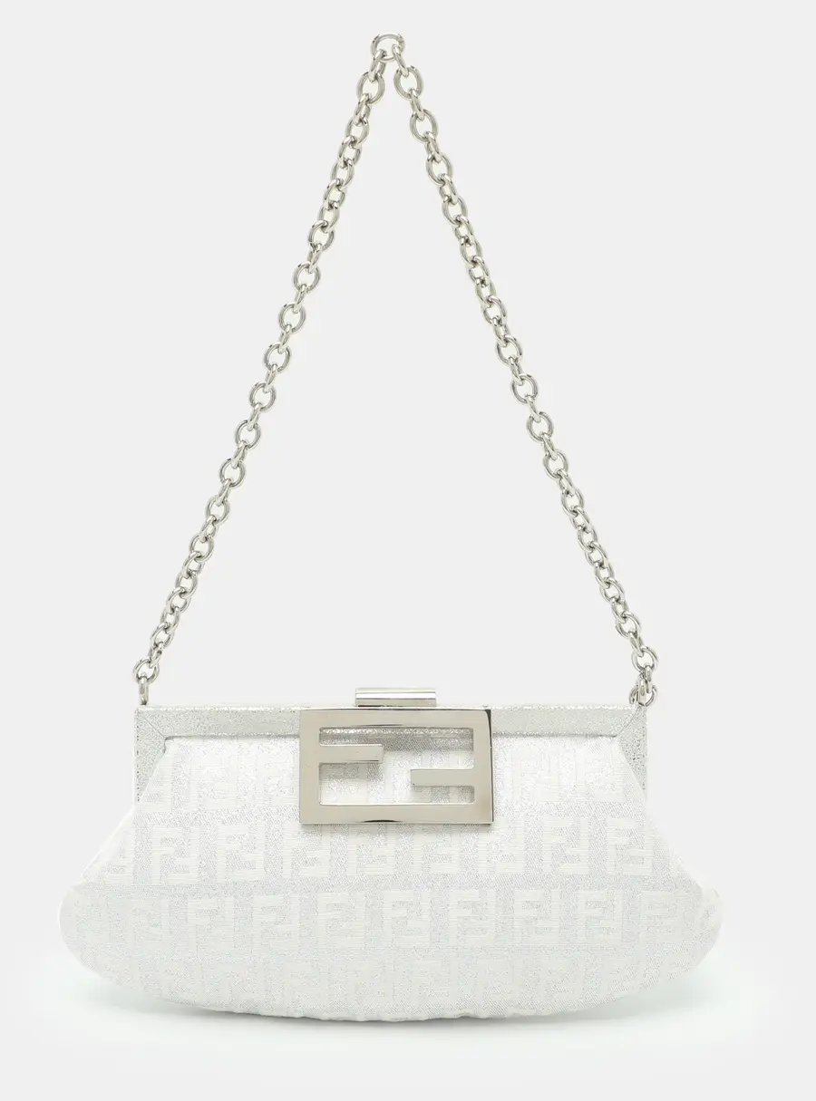 Fendi Silver Zucchino Canvas and Metallic Lurex Fabric Evening Clutch
