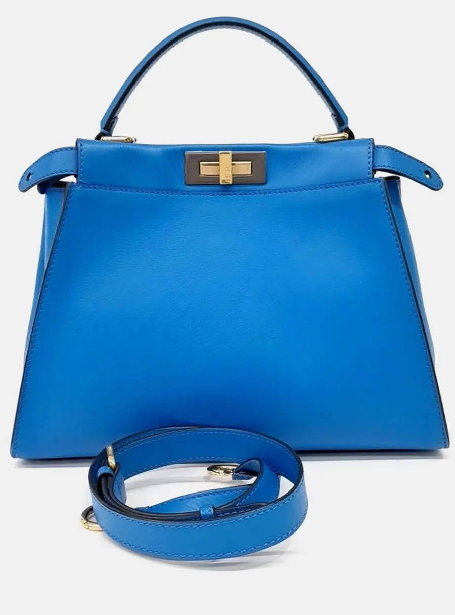 Fendi Peekaboo Regular Blue Leather Top Handle Bag