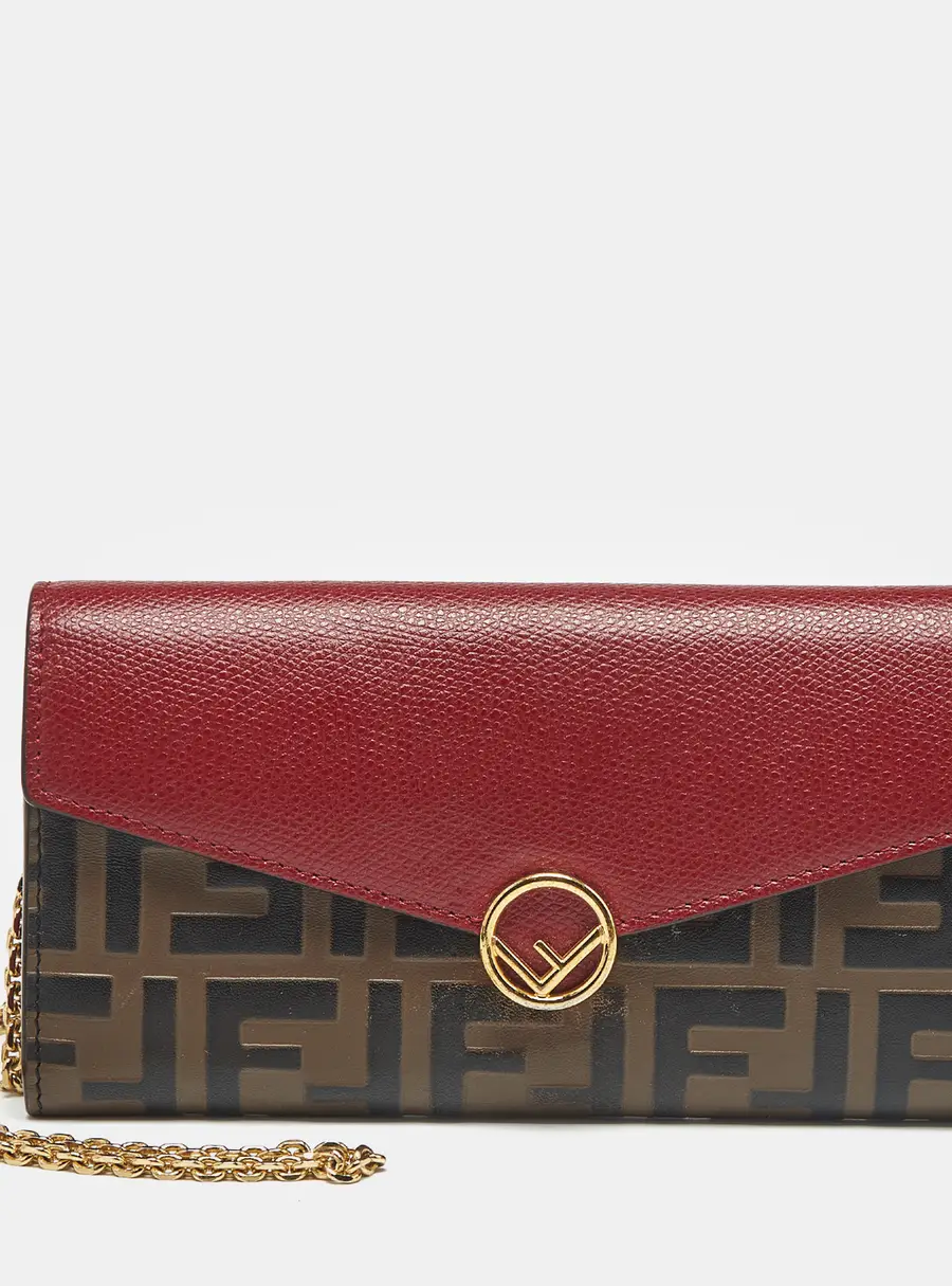 Fendi F is Fendi Brown/Red Zucca Embossed Leather Wallet On Chain